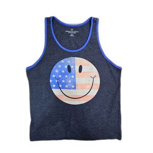 American Eagle Mens Tank Top M Gray Smiley USA Flag Graphic Y2K Americana
